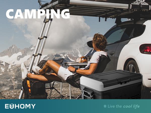 Product Introduction of EUHOMY 12V Refrigerator (24/37/53Quart /23L/35L/50L) supports 12V/24V DC & 110-240V AC. Portable with -4°F~68°F range, it features wheels, 2 baskets, and large cooling zone. Ideal for RVs, travel, Truck, Boat 13