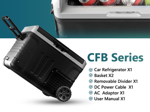 Product Introduction of EUHOMY 12V Refrigerator (24/37/53Quart /23L/35L/50L) supports 12V/24V DC & 110-240V AC. Portable with -4°F~68°F range, it features wheels, 2 baskets, and large cooling zone. Ideal for RVs, travel, Truck, Boat 2