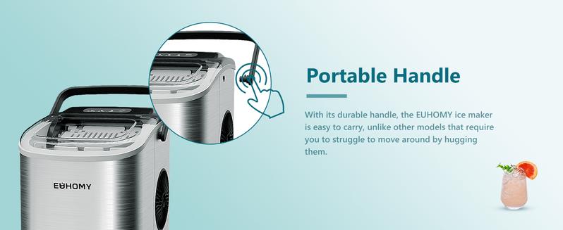 Product Introduction of EUHOMY Ice Maker Countertop with Handle, 26lbs in 24Hrs, 9 Ice Cubes Ready in 6 Mins, Auto-Cleaning Portable Ice Maker with Basket and Scoop, for Home/Kitchen/Camping/RV. (2024 New Silver) Utensils 2