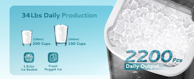 Product Introduction of EUHOMY Best-Selling Countertop Nugget Ice Maker with Handle: 33 lbs of Ice in 24 Hours, 6-Minute Ice Readiness, Removable Cover, Auto-Cleaning, Includes Basket and Scoop, Perfect for Home, Kitchen, Parties & Camping 1