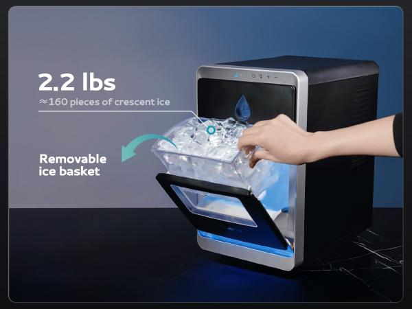 Product Introduction of Euhomy Clear Crescent Ice Maker with handle 16pcs in 12min,sufficient daily production 28lbs,self-cleaning 20min per cycle.Perfect for home,kitchen,camping and parties. 0