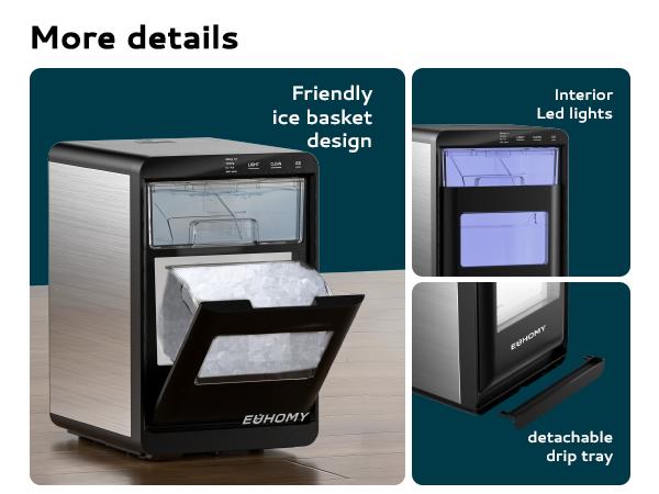 Product Introduction of EUHOMY Nugget Ice Maker Countertop, 35Lbs/24H&44Lbs/24H Pebble Ice Maker Machine, Self-Cleaning Pellet Ice Machine with Ice Scoop&basket, Sonic Countertop Ice Machine for Home/Kitchen/Office(Black) 10