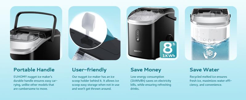 Product Introduction of EUHOMY Best-Selling Countertop Nugget Ice Maker with Handle: 33 lbs of Ice in 24 Hours, 6-Minute Ice Readiness, Removable Cover, Auto-Cleaning, Includes Basket and Scoop, Perfect for Home, Kitchen, Parties & Camping 4