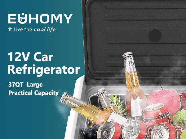 Product Introduction of EUHOMY 12V Refrigerator (24/37/53Quart /23L/35L/50L) supports 12V/24V DC & 110-240V AC. Portable with -4°F~68°F range, it features wheels, 2 baskets, and large cooling zone. Ideal for RVs, travel, Truck, Boat 1