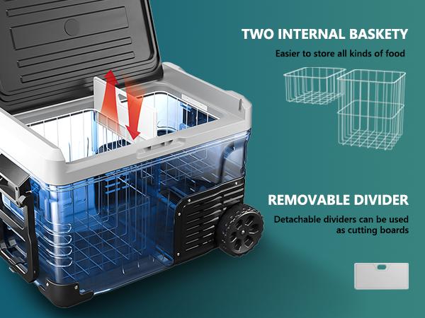 Product Introduction of EUHOMY 12V Refrigerator (24/37/53Quart /23L/35L/50L) supports 12V/24V DC & 110-240V AC. Portable with -4°F~68°F range, it features wheels, 2 baskets, and large cooling zone. Ideal for RVs, travel, Truck, Boat 3