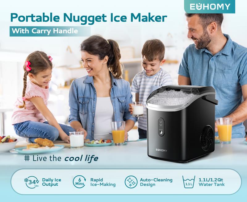 Product Introduction of EUHOMY Best-Selling Countertop Nugget Ice Maker with Handle: 33 lbs of Ice in 24 Hours, 6-Minute Ice Readiness, Removable Cover, Auto-Cleaning, Includes Basket and Scoop, Perfect for Home, Kitchen, Parties & Camping 0