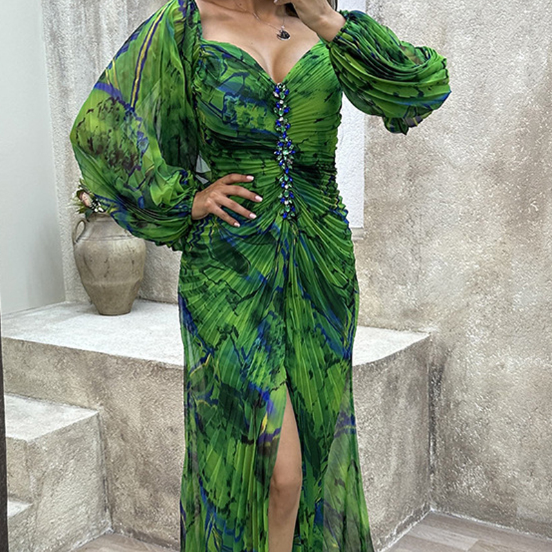 New party pleated long sleeve dress