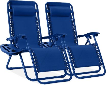Best Choice Products Set of 2 Adjustable Steel Mesh Zero Gravity Lounge Chair Recliners w/Pillows and Cup Holder Trays - Navy Blue