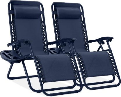 Best Choice Products Set of 2 Adjustable Steel Mesh Zero Gravity Lounge Chair Recliners w/Pillows and Cup Holder Trays - Navy Blue