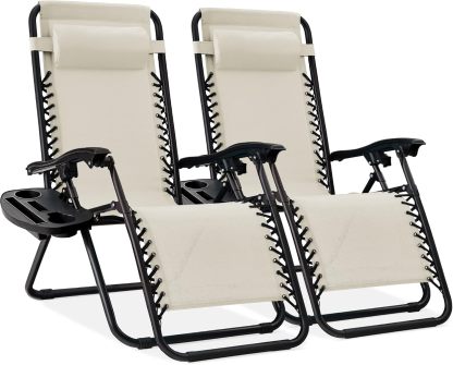 Best Choice Products Set of 2 Adjustable Steel Mesh Zero Gravity Lounge Chair Recliners w/Pillows and Cup Holder Trays - Navy Blue