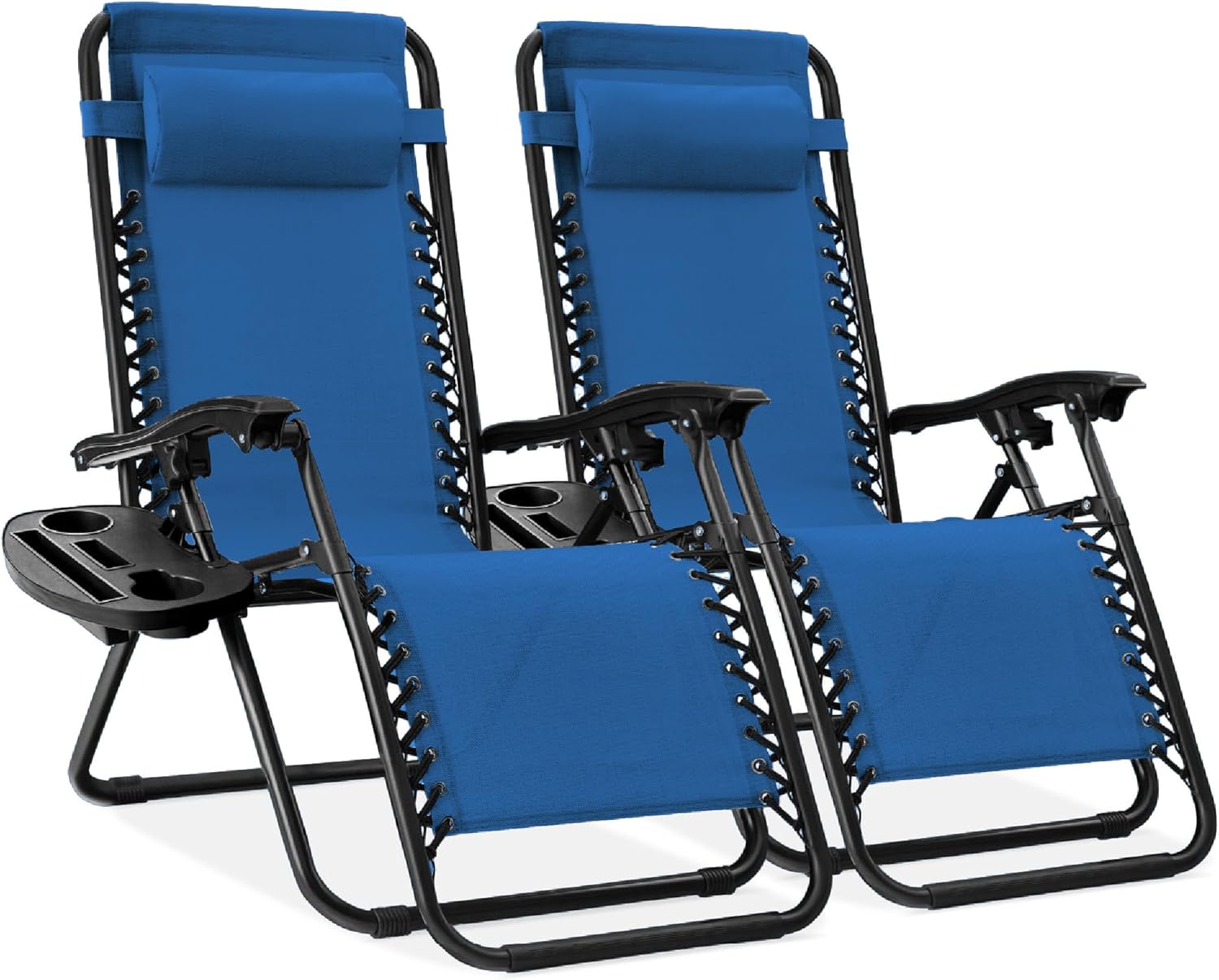 Best Choice Products Set of 2 Adjustable Steel Mesh Zero Gravity Lounge Chair Recliners w/Pillows and Cup Holder Trays - Navy Blue