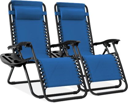 Best Choice Products Set of 2 Adjustable Steel Mesh Zero Gravity Lounge Chair Recliners w/Pillows and Cup Holder Trays - Navy Blue