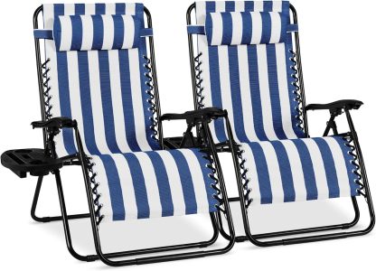Best Choice Products Set of 2 Adjustable Steel Mesh Zero Gravity Lounge Chair Recliners w/Pillows and Cup Holder Trays - Navy Blue