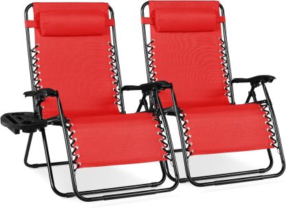 Best Choice Products Set of 2 Adjustable Steel Mesh Zero Gravity Lounge Chair Recliners w/Pillows and Cup Holder Trays - Navy Blue