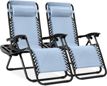 Best Choice Products Set of 2 Adjustable Steel Mesh Zero Gravity Lounge Chair Recliners w/Pillows and Cup Holder Trays - Navy Blue