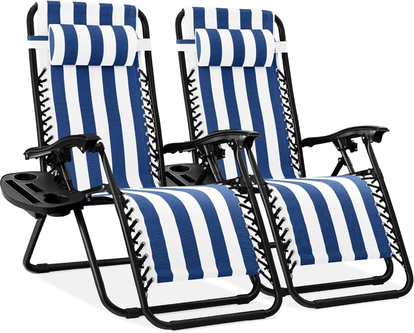 Best Choice Products Set of 2 Adjustable Steel Mesh Zero Gravity Lounge Chair Recliners w/Pillows and Cup Holder Trays - Navy Blue