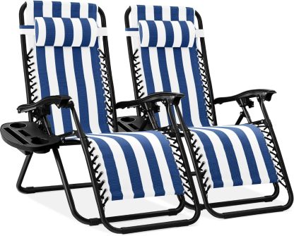 Best Choice Products Set of 2 Adjustable Steel Mesh Zero Gravity Lounge Chair Recliners w/Pillows and Cup Holder Trays - Navy Blue