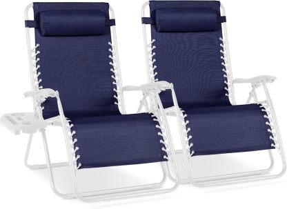 Best Choice Products Set of 2 Adjustable Steel Mesh Zero Gravity Lounge Chair Recliners w/Pillows and Cup Holder Trays - Navy Blue