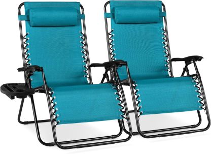 Best Choice Products Set of 2 Adjustable Steel Mesh Zero Gravity Lounge Chair Recliners w/Pillows and Cup Holder Trays - Navy Blue