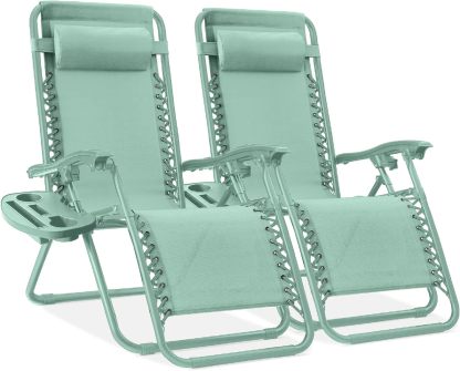 Best Choice Products Set of 2 Adjustable Steel Mesh Zero Gravity Lounge Chair Recliners w/Pillows and Cup Holder Trays - Navy Blue