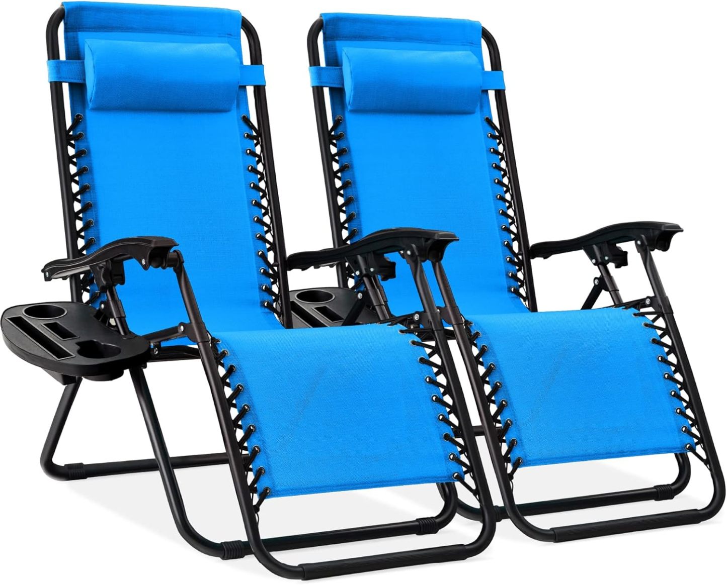 Best Choice Products Set of 2 Adjustable Steel Mesh Zero Gravity Lounge Chair Recliners w/Pillows and Cup Holder Trays - Navy Blue