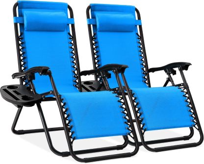 Best Choice Products Set of 2 Adjustable Steel Mesh Zero Gravity Lounge Chair Recliners w/Pillows and Cup Holder Trays - Navy Blue