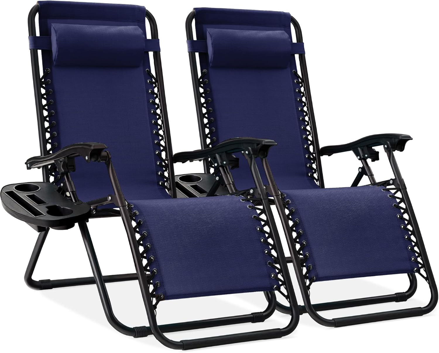 Best Choice Products Set of 2 Adjustable Steel Mesh Zero Gravity Lounge Chair Recliners w/Pillows and Cup Holder Trays - Navy Blue
