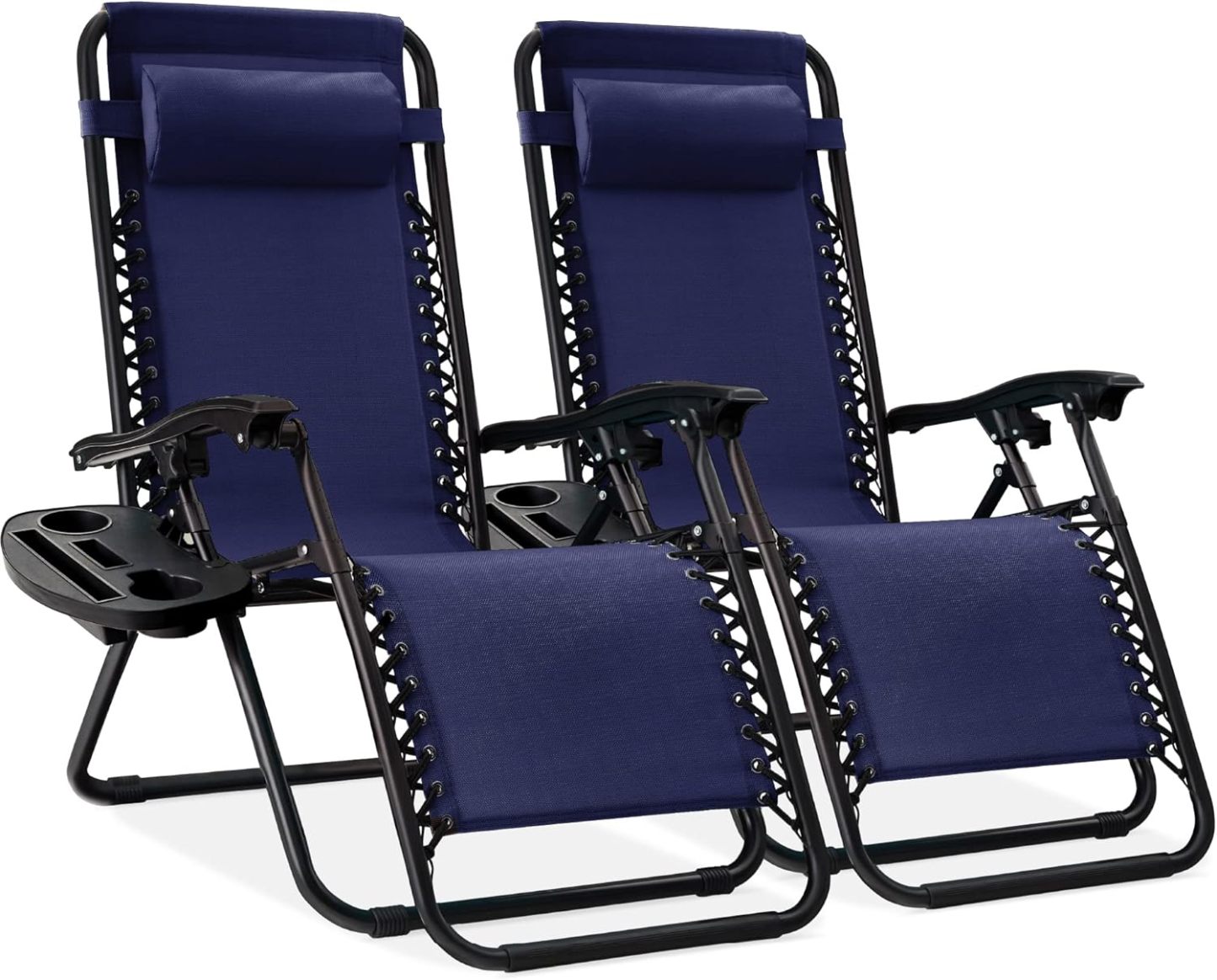 Best Choice Products Set of 2 Adjustable Steel Mesh Zero Gravity Lounge Chair Recliners w/Pillows and Cup Holder Trays - Navy Blue
