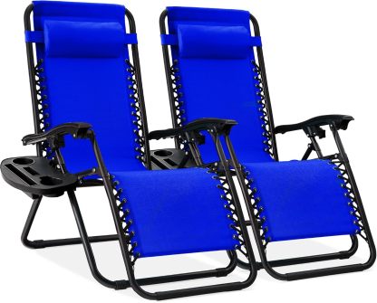 Best Choice Products Set of 2 Adjustable Steel Mesh Zero Gravity Lounge Chair Recliners w/Pillows and Cup Holder Trays - Navy Blue