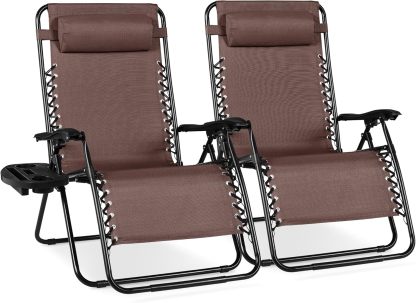 Best Choice Products Set of 2 Adjustable Steel Mesh Zero Gravity Lounge Chair Recliners w/Pillows and Cup Holder Trays - Navy Blue