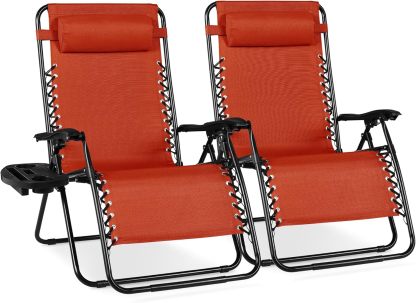 Best Choice Products Set of 2 Adjustable Steel Mesh Zero Gravity Lounge Chair Recliners w/Pillows and Cup Holder Trays - Navy Blue