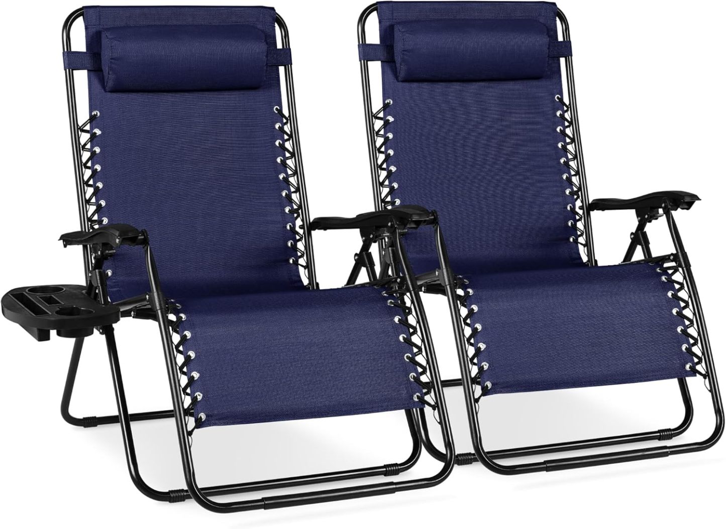 Best Choice Products Set of 2 Adjustable Steel Mesh Zero Gravity Lounge Chair Recliners w/Pillows and Cup Holder Trays - Navy Blue