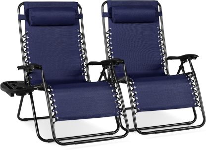 Best Choice Products Set of 2 Adjustable Steel Mesh Zero Gravity Lounge Chair Recliners w/Pillows and Cup Holder Trays - Navy Blue