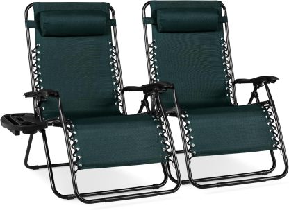Best Choice Products Set of 2 Adjustable Steel Mesh Zero Gravity Lounge Chair Recliners w/Pillows and Cup Holder Trays - Navy Blue