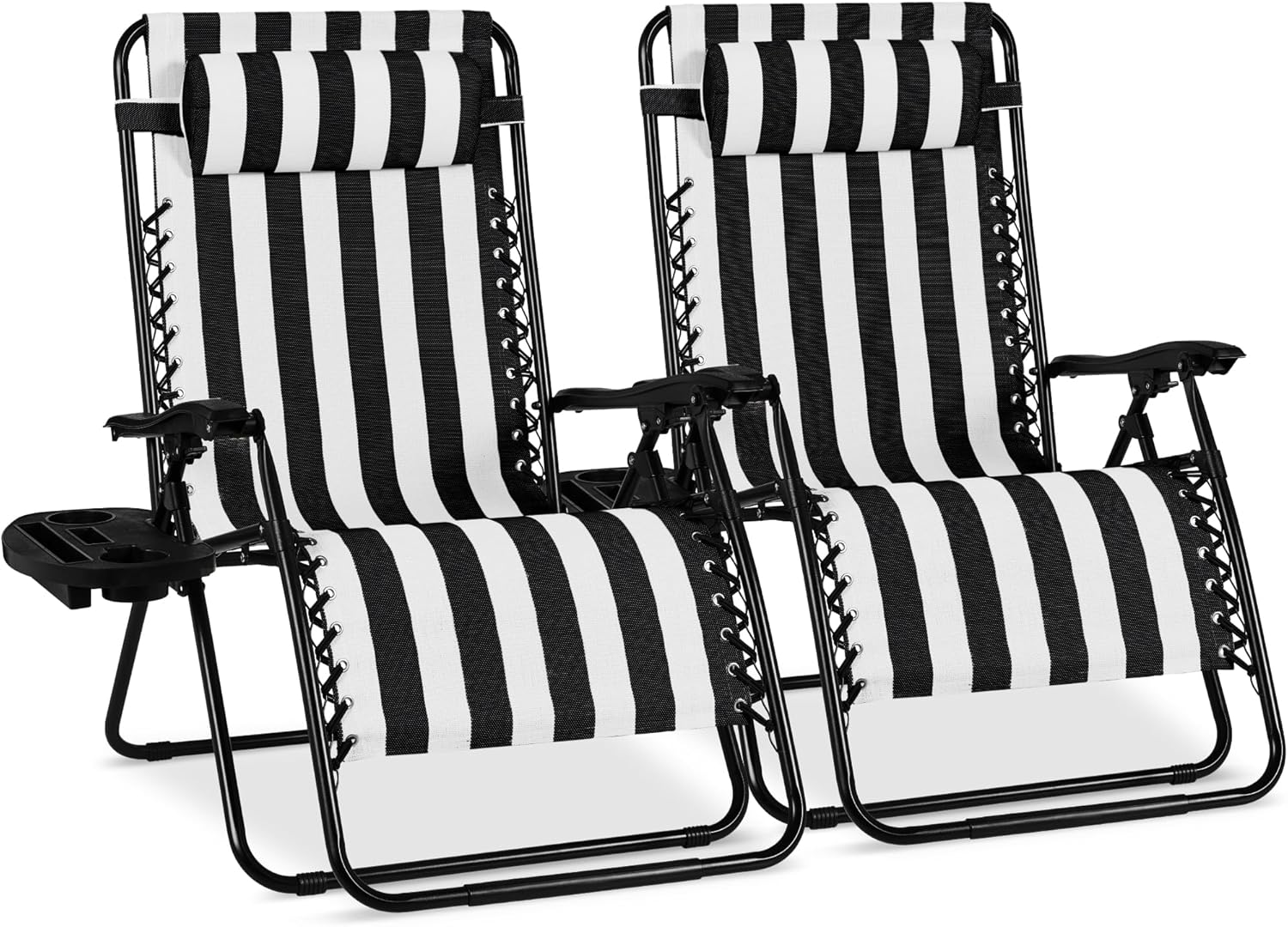 Best Choice Products Set of 2 Adjustable Steel Mesh Zero Gravity Lounge Chair Recliners w/Pillows and Cup Holder Trays - Navy Blue