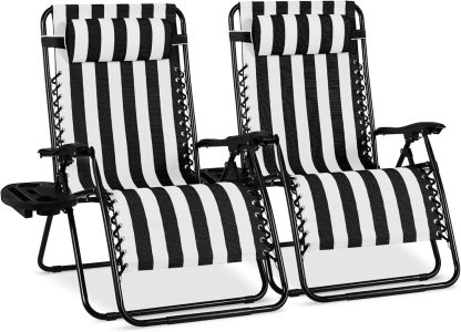 Best Choice Products Set of 2 Adjustable Steel Mesh Zero Gravity Lounge Chair Recliners w/Pillows and Cup Holder Trays - Navy Blue