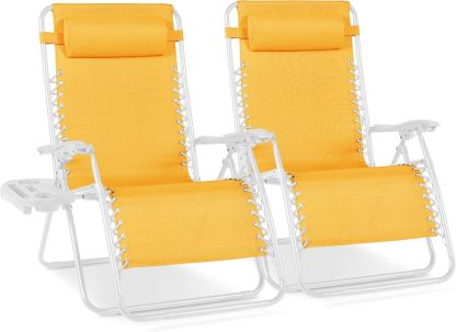 Best Choice Products Set of 2 Adjustable Steel Mesh Zero Gravity Lounge Chair Recliners w/Pillows and Cup Holder Trays - Navy Blue