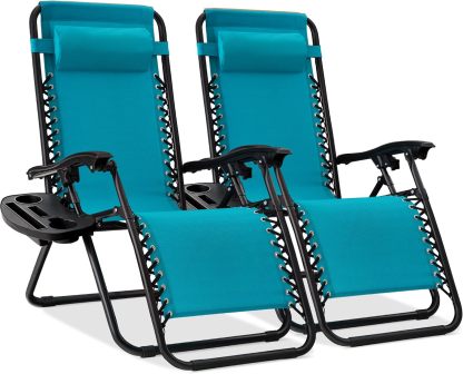 Best Choice Products Set of 2 Adjustable Steel Mesh Zero Gravity Lounge Chair Recliners w/Pillows and Cup Holder Trays - Navy Blue