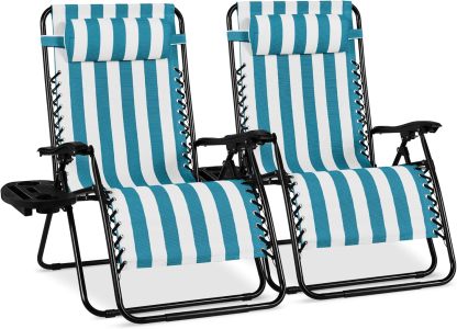 Best Choice Products Set of 2 Adjustable Steel Mesh Zero Gravity Lounge Chair Recliners w/Pillows and Cup Holder Trays - Navy Blue