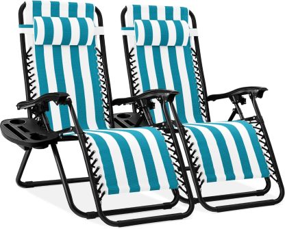 Best Choice Products Set of 2 Adjustable Steel Mesh Zero Gravity Lounge Chair Recliners w/Pillows and Cup Holder Trays - Navy Blue