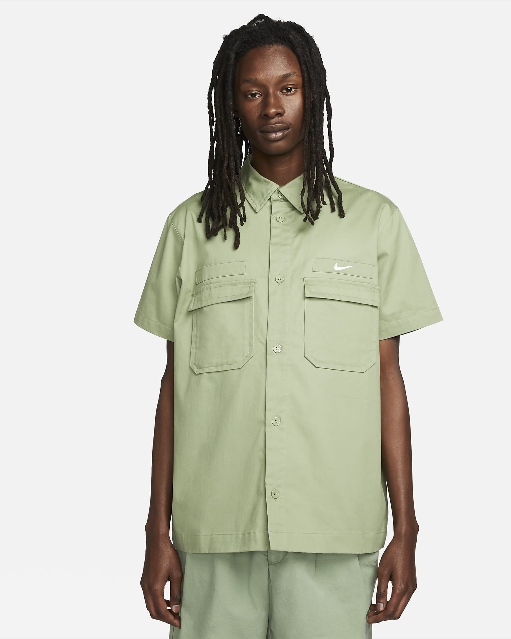 Men's Woven Military Short-Sleeve Button-Down Shirt