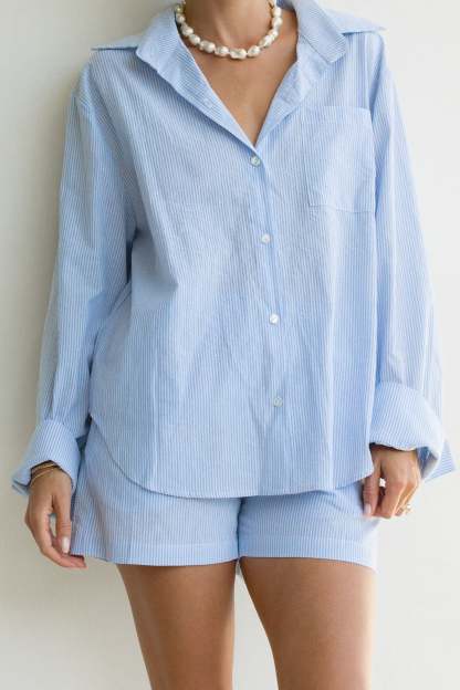 Ocan Blue Cotton Striped Shorts Set