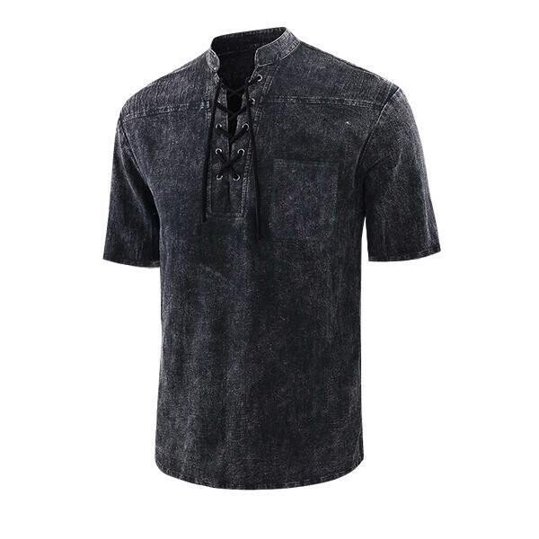 ??Mid Year Sale 70% OFF?? - Men Gothic Retro T Shirt Lace-up V-neck Denim Pocket Short Sleeve Tee Shirt Loose Tops