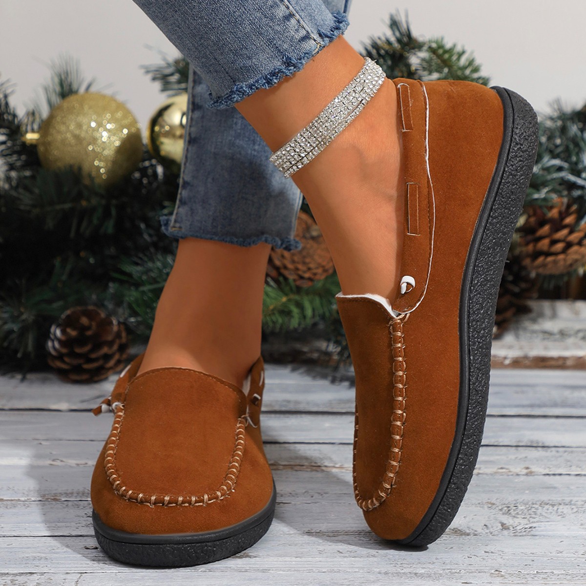 ??Last Day 60% OFF?? Women's Thick Plush Winter Warm Low Heel Fur Lined Slip-On Casual Shoes Warm Shoes