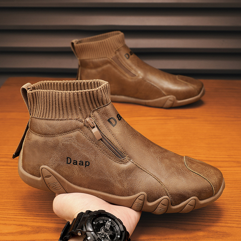 Men's casual sports boots, waterproof outdoor activities leather boots with top drawstring, mid-length leather boots, trendy and inclusive short boots