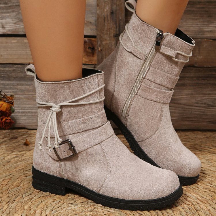 Women's Autumn/Winter Side Zipper Suede Mid-Calf Boots, Thick Heel, Ideal With Pants Cross-Border Plus Size, Go With Fall Clothes Round Toe, Boots