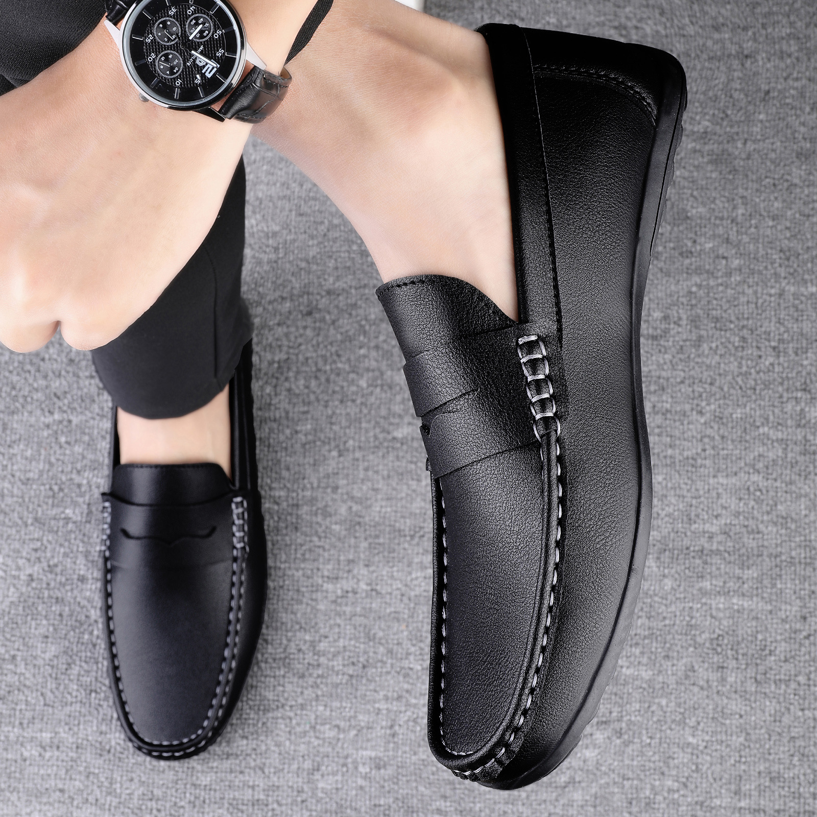 Luxury Men Leather Penny Loafers, Casual Straw Woven-Style Slip-On Flat Shoes With Convenient Elastic Band, Formal Shoes For Daily Wear, Wedding, Banquet, Office, Business Occasions In Spring And Autumn