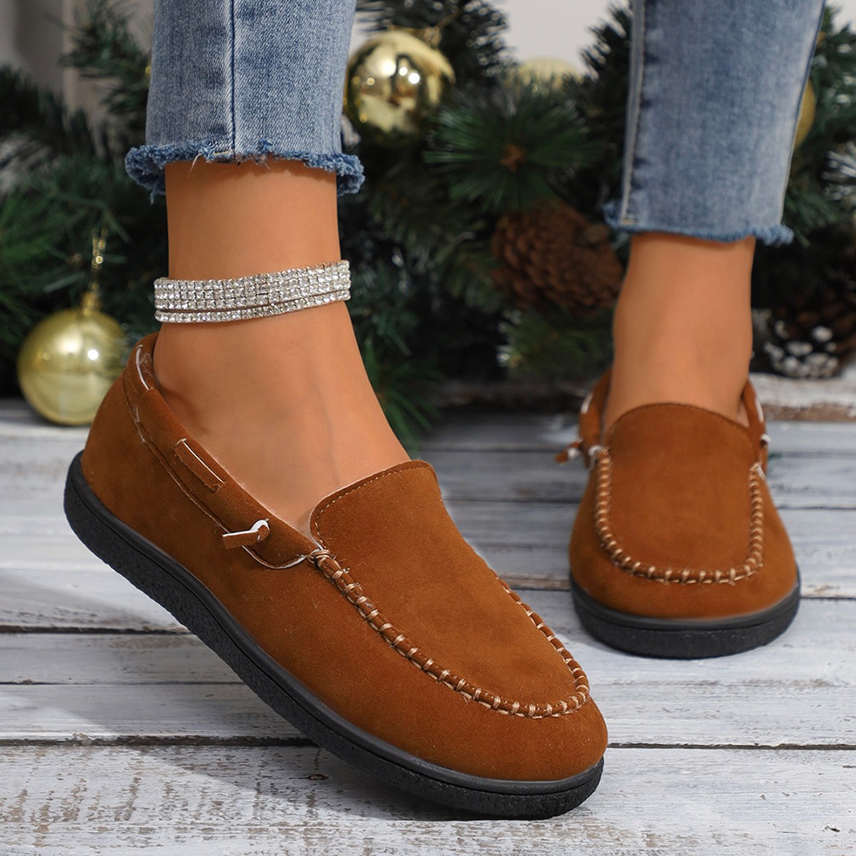 ??Last Day 60% OFF?? Women's Thick Plush Winter Warm Low Heel Fur Lined Slip-On Casual Shoes Warm Shoes