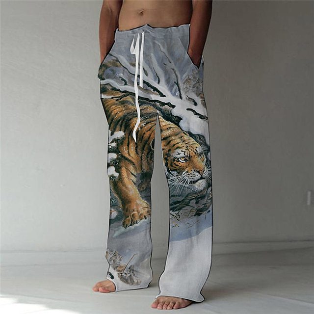 Men's Beach Pants Drawstring Elastic Waist Front Pocket Tiger Pattern Comfortable Soft Casual Everyday Fashion Designer
