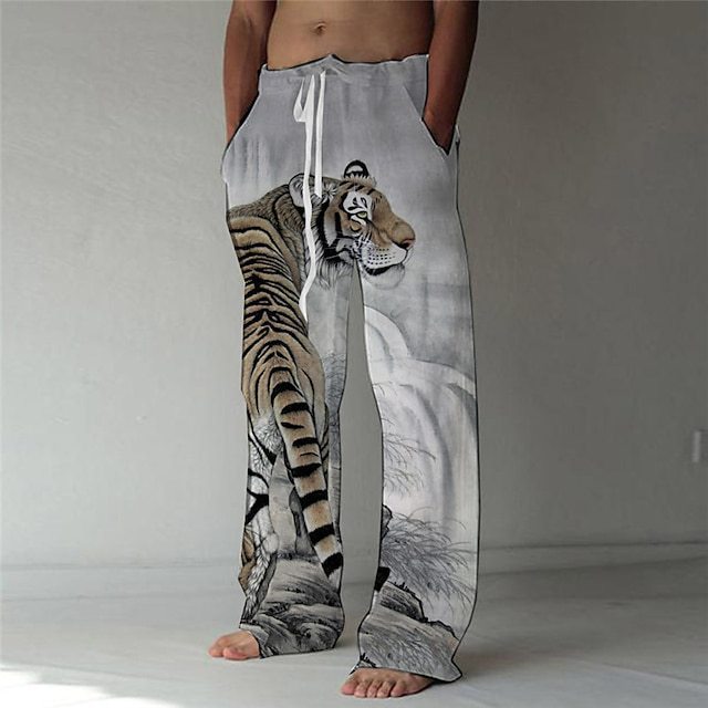 Men's Beach Pants Drawstring Elastic Waist Front Pocket Tiger Pattern Comfortable Soft Casual Everyday Fashion Designer